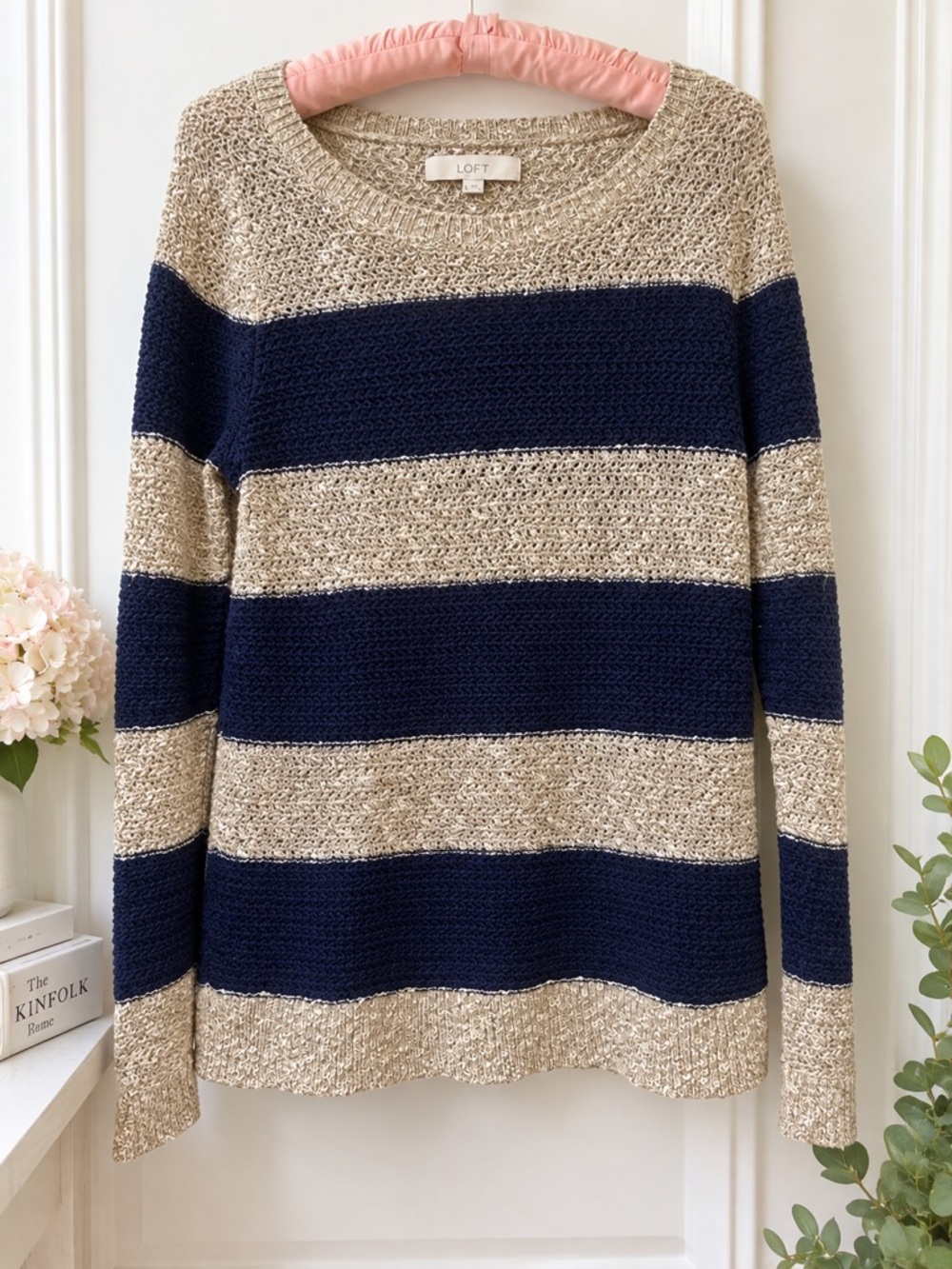 LOFT Women’s Oatmeal Navy Striped Textured Knit Sweater Size Large